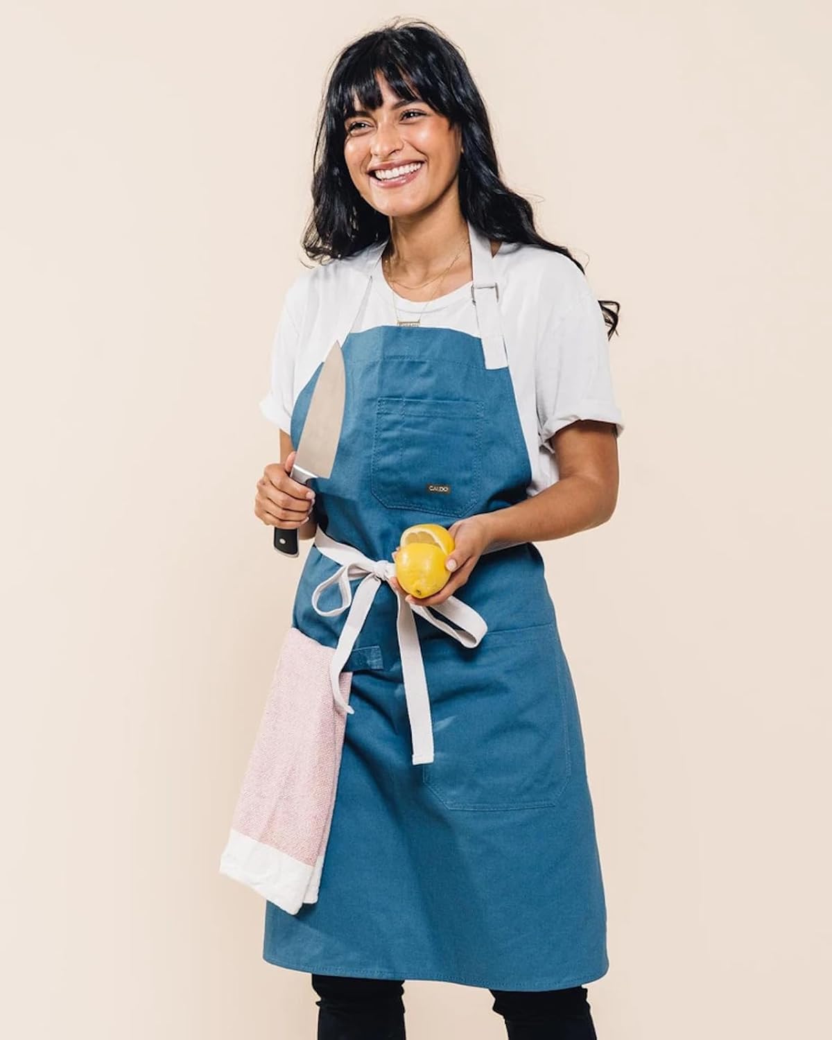 Caldo Daily Cotton Kitchen Apron for Cooking - Mens and Womens Professional Chef or Server Bib Apron - Adjustable Straps with Pockets and Towel Loop (Vintage Blue)