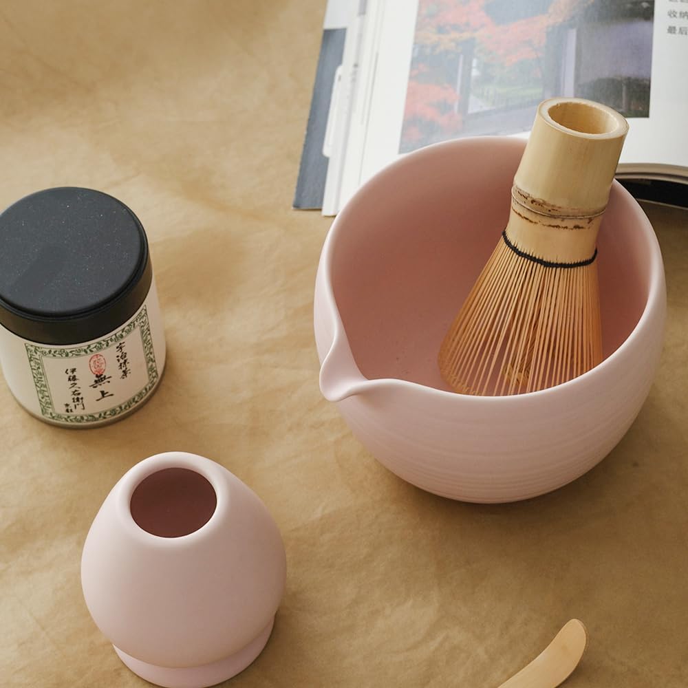 Matcha Whisk Set, Ceramic Matcha Bowl & Whisk Holder, Bamboo Accessory, Modern Design (Matte Soft Pink, Pouring Spout)