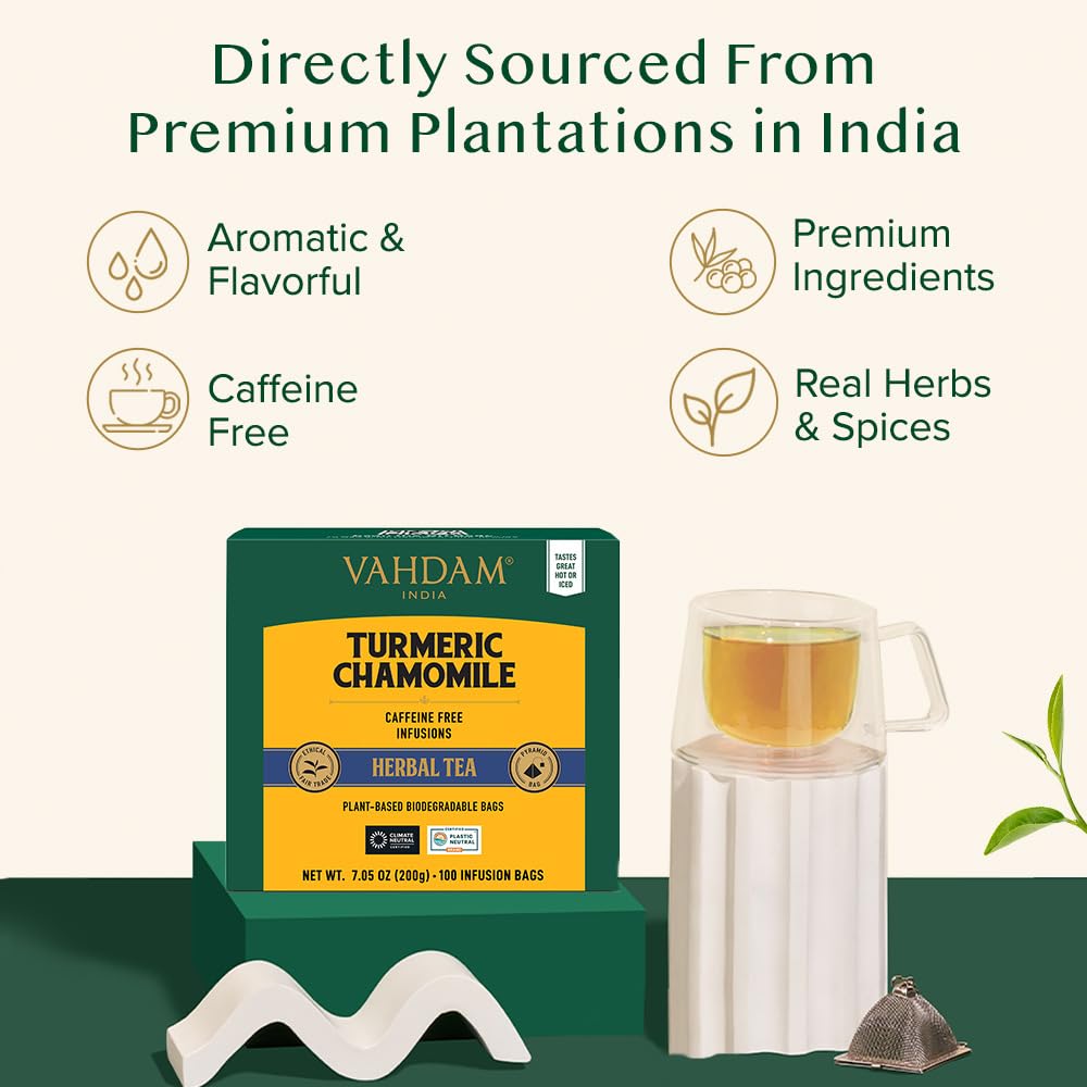 VAHDAM, Turmeric Chamomile Tea Bags (100 Herbal Tea Bags) Caffeine Free,100% Pure Herbal Tisane - Warm, Earthy & Floral | Infused With Chamomile Flowers | Resealable Ziplock Pouch