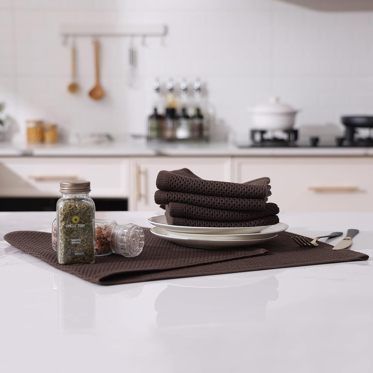 Kitinjoy 100% Cotton Waffle Weave Kitchen Towels, 8-Pack Super Soft and Absorbent Dish Towels for Drying Dishes, Kitchen Hand Towels, 13 in x 28 in, Dark Brown