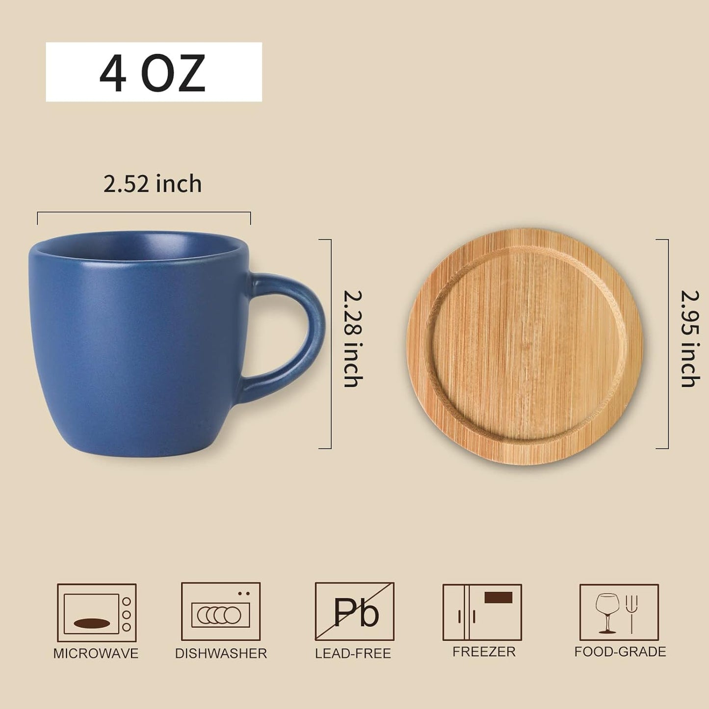 Hasense Espresso Cups and Saucers Set of 6, Demitasse Cups with Handle for Coffee Drinks, Latte, Cappuccino, Cafe Mocha and Tea, 4 Ounce Porcelain Coffee Cups for Coffee Bar Home and Party, Blue