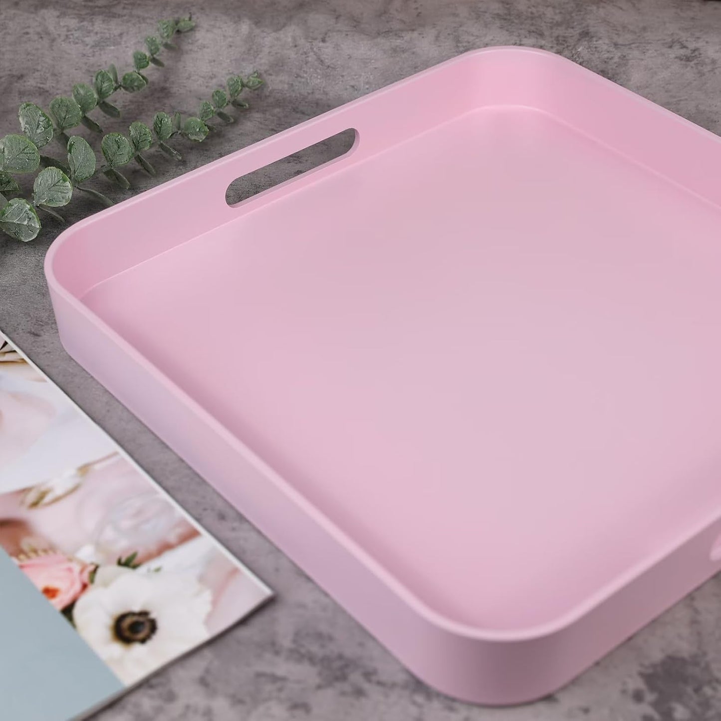Square Pink Decorative Serving Tray with Handles, Versatile Ottoman Tray for Coffee Table, Entertaining, Outdoor Patio, Living Room, 13”*13”*1.6”