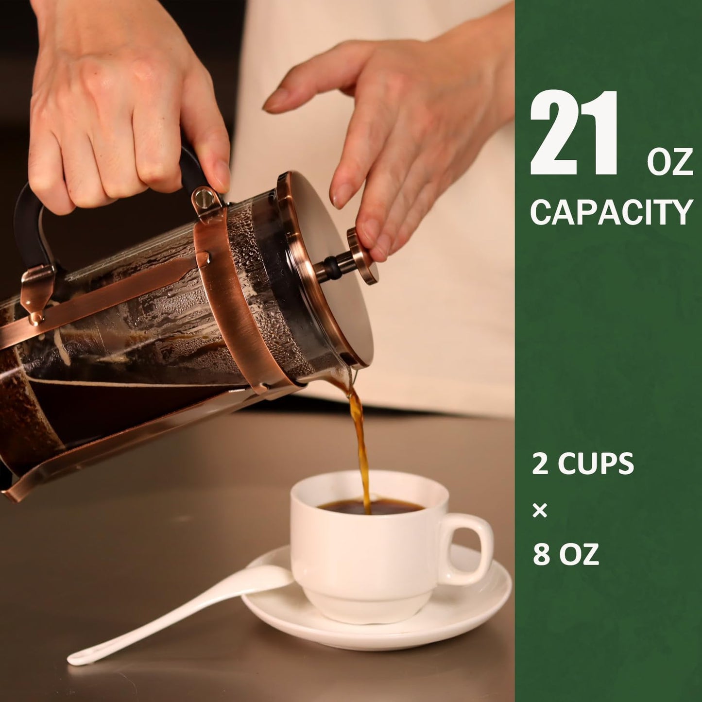 French Press Coffee Maker - 21 Ounce / 600ML, Stainless Steel & Heat-Resistant Borosilicate Glass - Ideal for Cold Brew, Espresso, 4-Filter System