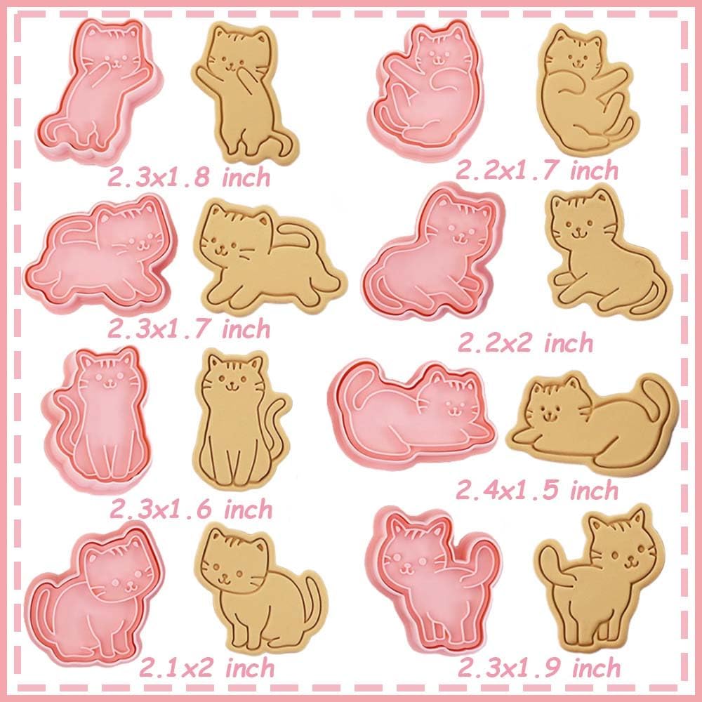 8pc 3D Cute Cat Cookie Stamps, Cupcake Pancake Apple Pie Pastry Biscuit Molds, Fruit & Sandwich Cutter Set for Cat Party Decorations