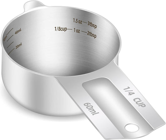 1PCS 1/4Cup (60ml, 2oz) Single Measuring Cup, Etched Inner Scale Stainless Steel Measure Scoop, Metric and US Measurement, Dishwasher Safe
