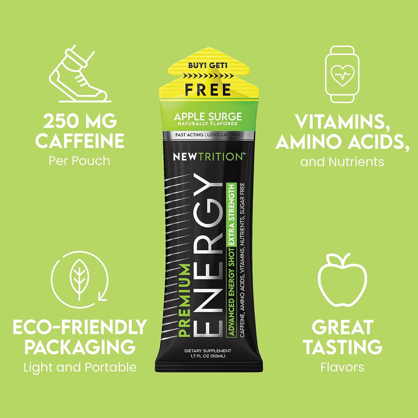 NewTrition® Extra Strength Energy Shots, 250mg Caffeine Energy Shots with Vitamin B & Amino Acids, Sugar-Free Vitamin Energy Shot, 1.7 fl oz (Pack of 6, Apple Surge)
