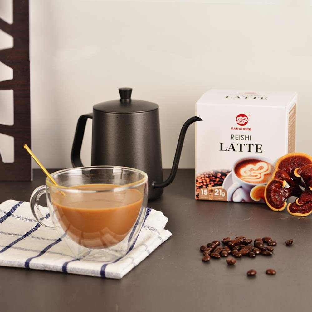 GANOHERB Reishi Mushroom Latte Coffee Powder, 4 in 1 Instant Arabica Coffee with Organic Ganoderma Lucidum Extract to Improve Appetite Stress Relief, Rich Taste Excellent Flavor, 11.1oz (15 Count)