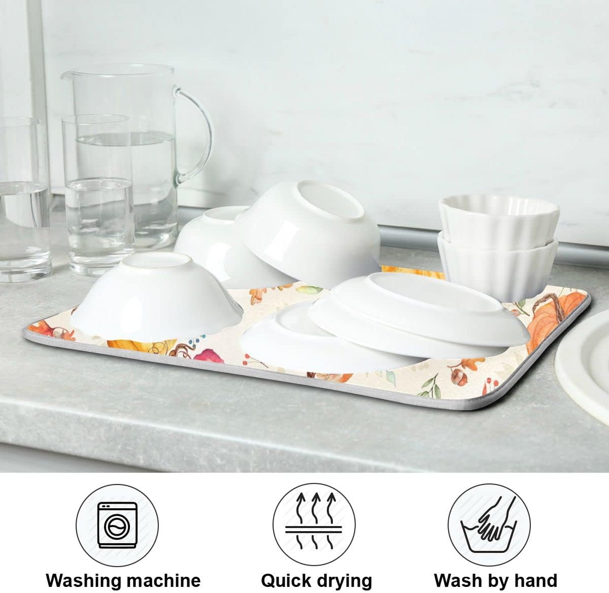 Autumn Fall Dish Drying Mat for Kitchen Counter Watercolor Pumpkin Maple Leaf Drying Mat 18 x 24 Inch with Absorbent Reversible Microfiber Dish Drying Pad Dish Rack Drainer Mats for Coffee Bar