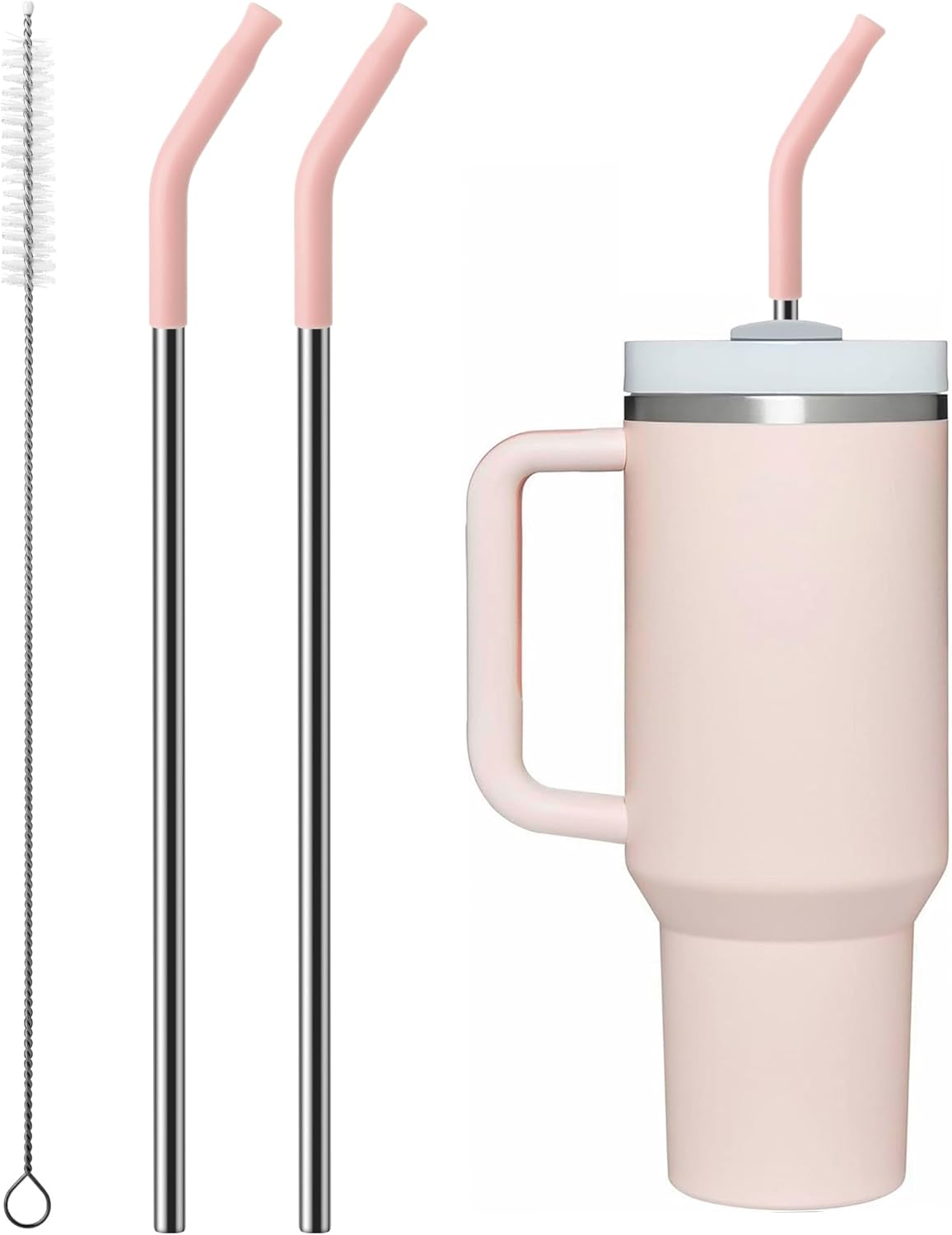 Metal Straw with Silicone Tip for 30oz Stanley Cup, 2 Pcs Stainless Steel Straws Replacement for Stanley 30 oz Adventure Quencher Travel Tumbler Cup, 1 Straw Brush (Light Pink)