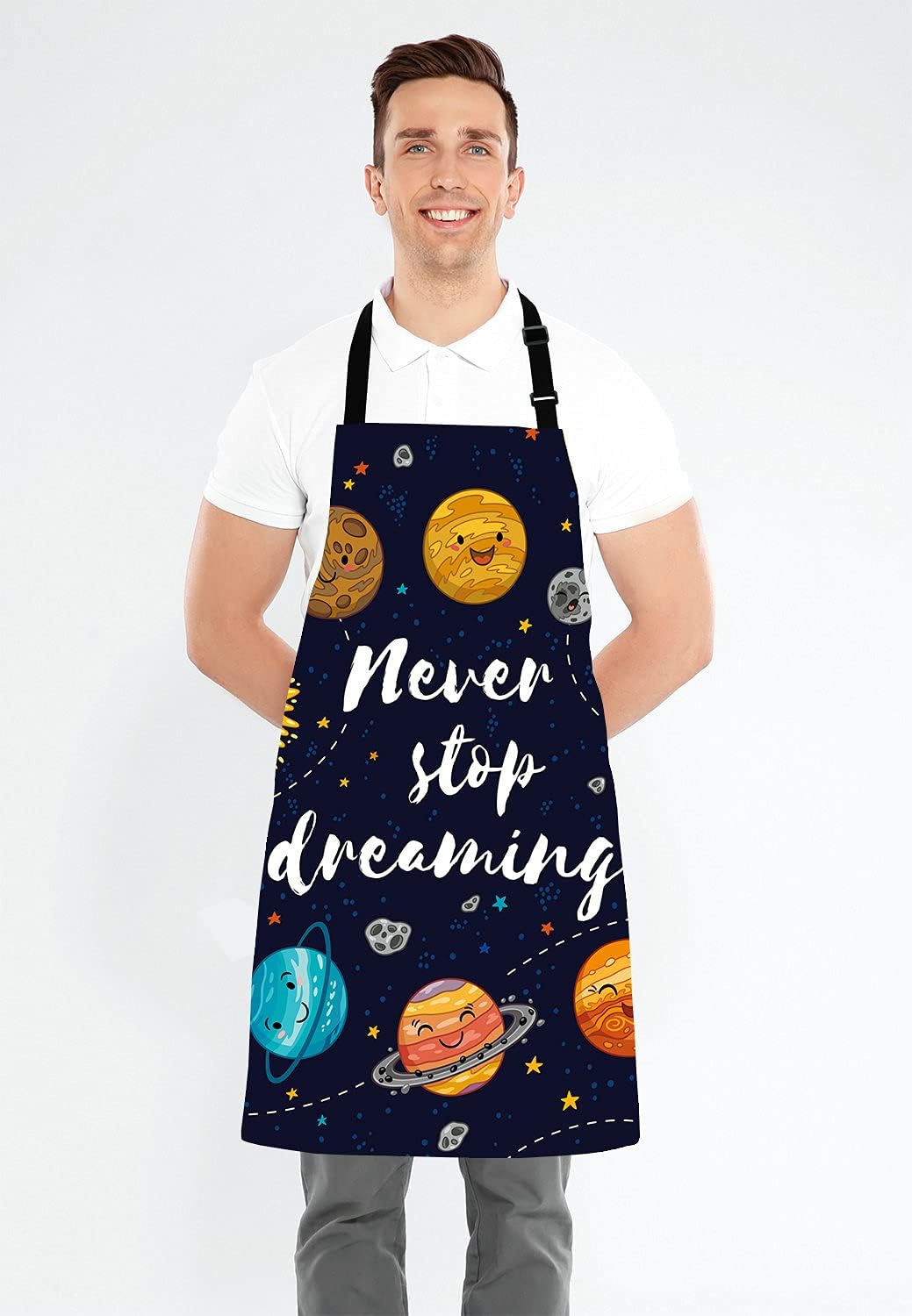 Never Stop Dreaming, motivational Quote, Outer Space Apron, Cute Planets and Star Cluster Solar System Moon and Comets Sun Cosmos
