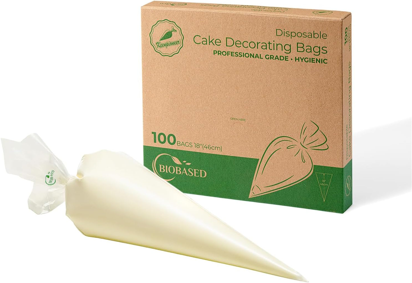 Keenpioneer 18-Inch Biobased Disposable Piping Bags, Plant Based Cake Decorating Pastry Bag - Pack of 100