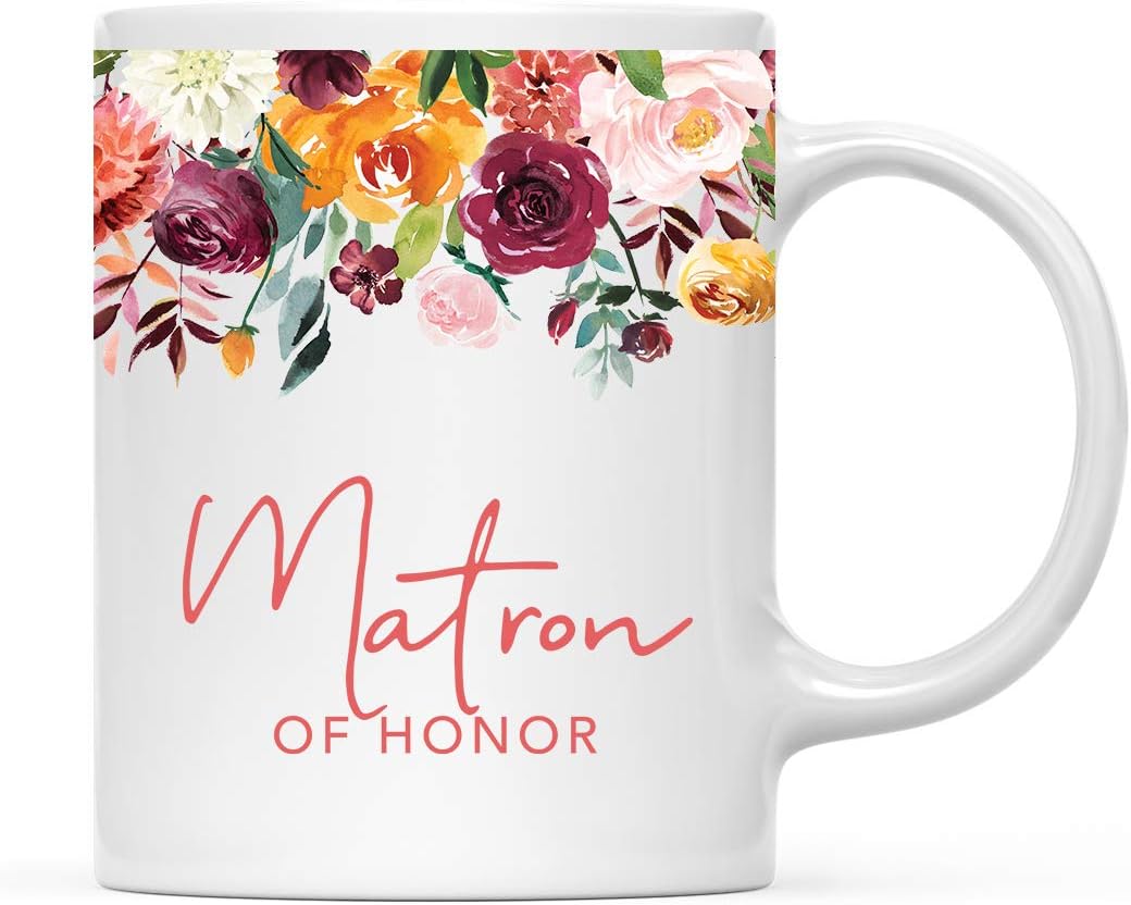 Andaz Press 11oz. Wedding Ceramic Coffee Tea Mug Gift, Fall Autumn Burgundy Orange Peach Flowers Roses Florals, Matron of Honor, 1-Pack, Includes Gift Box