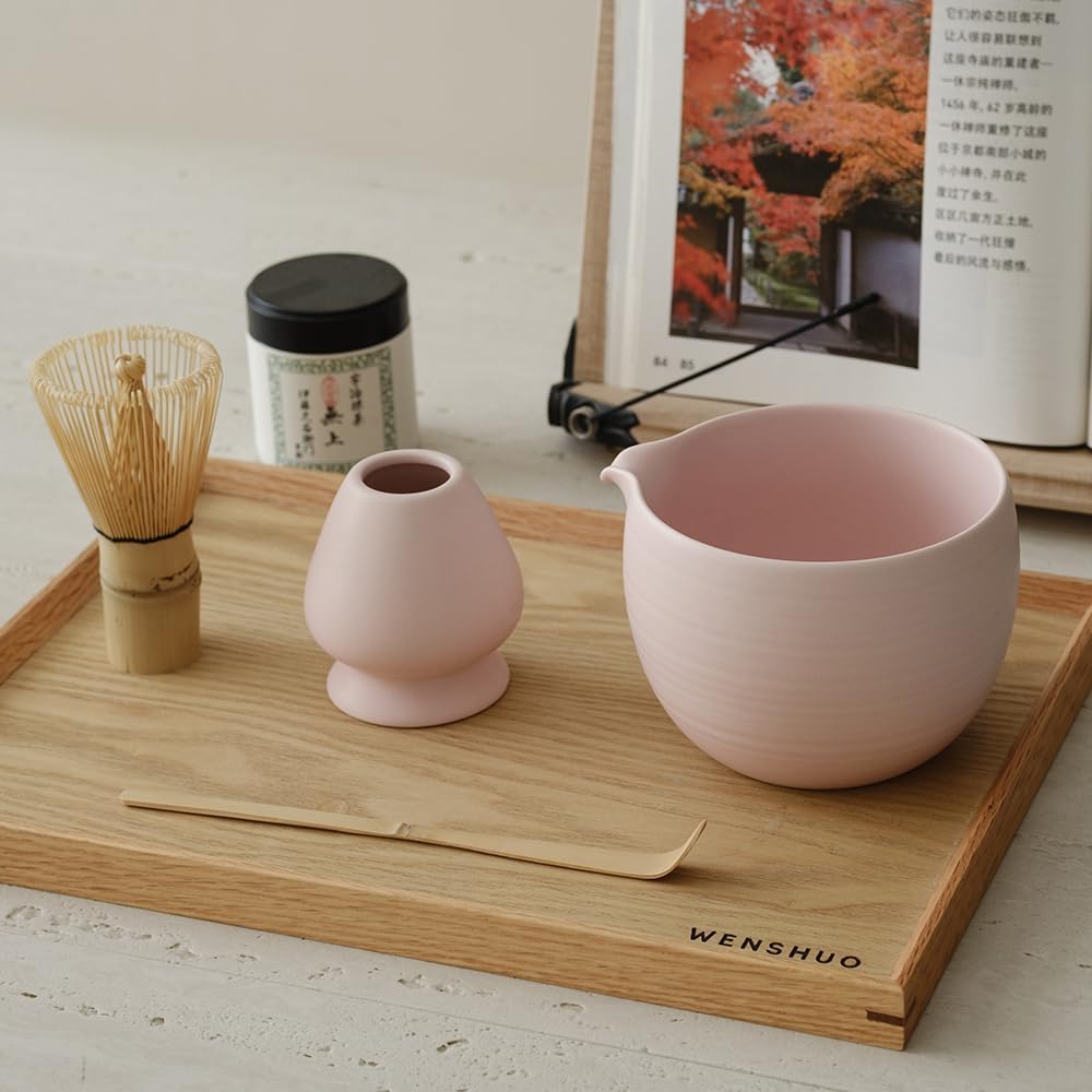 Matcha Whisk Set, Ceramic Matcha Bowl & Whisk Holder, Bamboo Accessory, Modern Design (Matte Soft Pink, Pouring Spout)