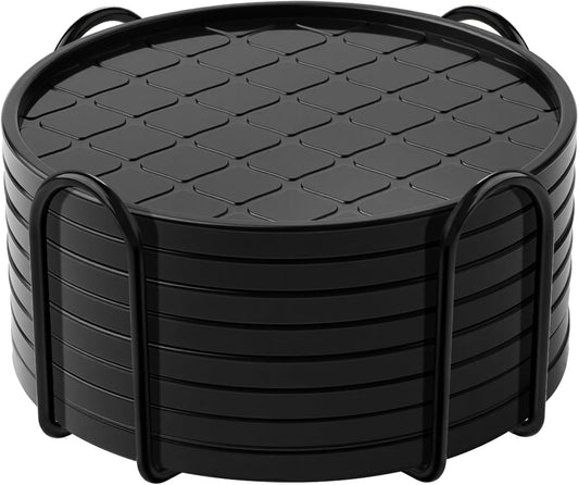 Coasters Set of 8,Hot or Cold Drink Coasters with Holder,Modern Style Coffee Table Coaster,Suitable for Kinds Cups Beer,Drink,Anti-Overflow Tabletop Protection(Black, 8pcs)