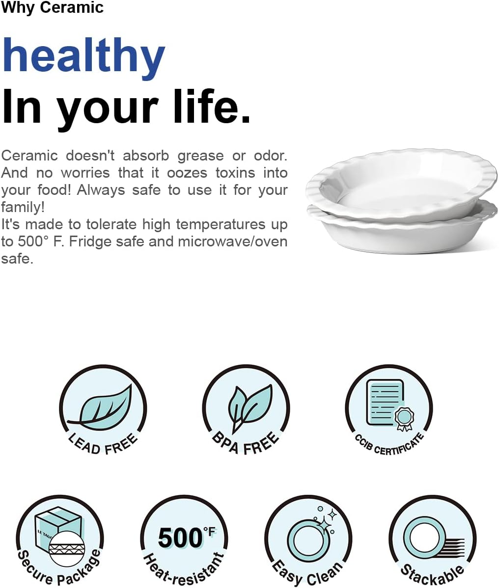 LE TAUCI Ceramic Pie Pans for Baking, 9 Inches Pie Plate for Apple Pie, Round Baking Dish, 36 Ounce Fluted Dish Pie Pan, Set of 2, White