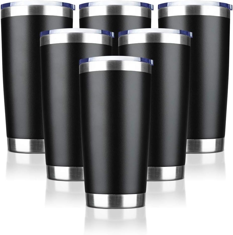 20oz Tumbler Bulk Stainless Steel Vacuum Insulated Tumblers with Lid Double Wall Travel Mug Durable Powder Coated Coffee Cup, Suitable for Ice Drinks and Hot Beverage (Black 6pack)