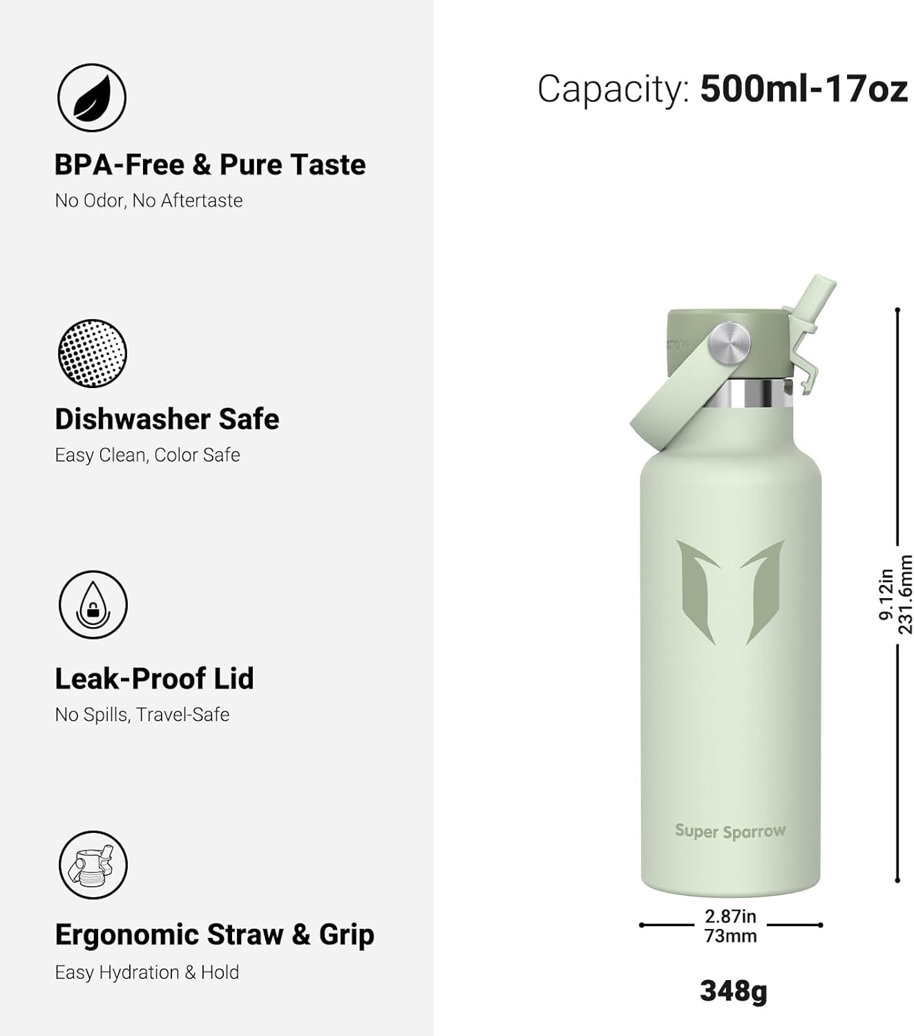 Super Sparrow Insulated Water Bottle - 17 Oz / 25 Oz / 32 Oz - Standard Mouth FlipFlow Flask - BPA Free, Leak Proof Drink Bottle- Ergonomic Straw Water Bottles for Work, Gym, Travel, Sports