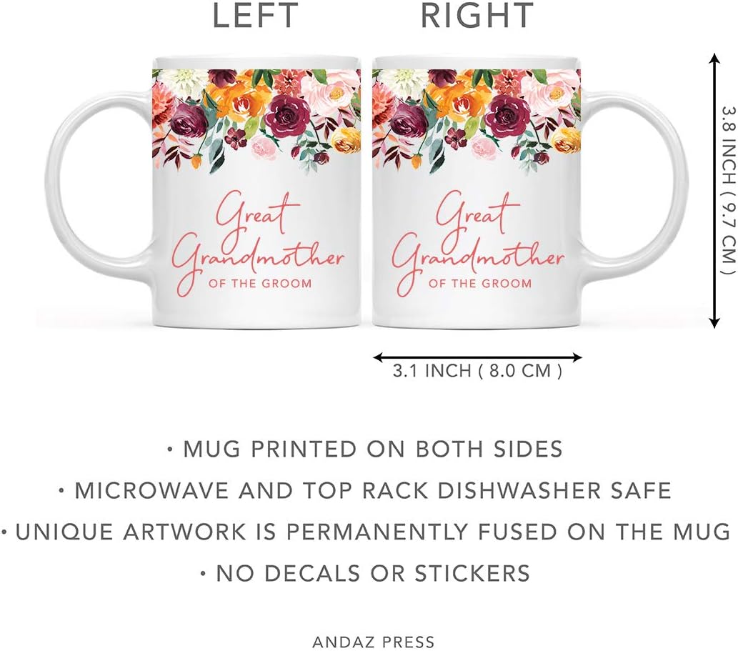 Andaz Press 11oz. Wedding Ceramic Coffee Tea Mug Gift, Fall Autumn Burgundy Orange Peach Flowers Roses Florals, Great Grandmother of the Groom, 1-Pack, Includes Gift Box