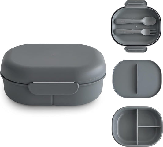 mushie Kids Bento Lunch Box | 3-Compartment & Removable Divider + Fork & Spoon Utensils | Great For Meals, School, Snacks On-the-Go | Dishwasher Safe (Smoke)