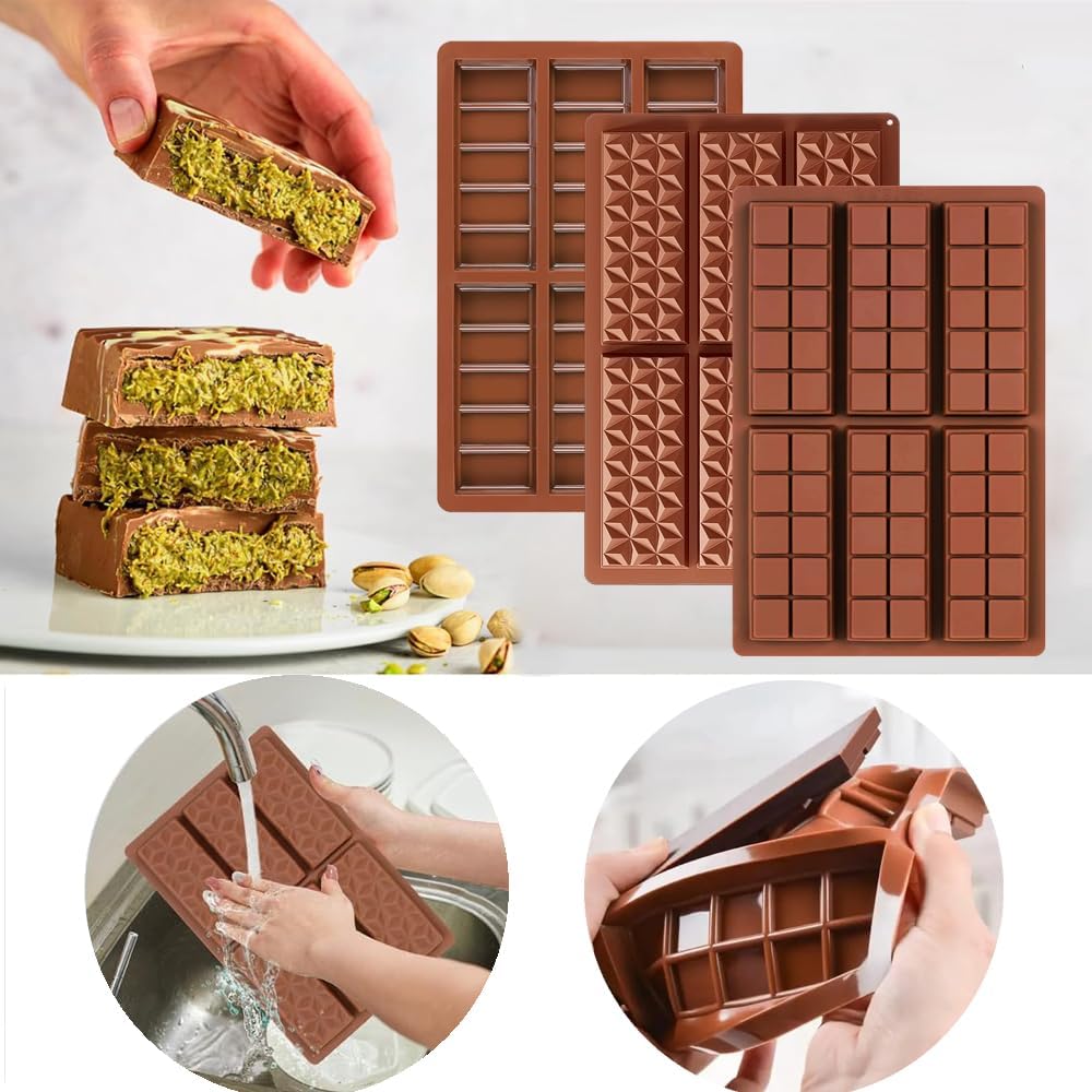 Dubai Chocolate Mold 3 Pack,0.5 Inch Deep Large and Thick Silicone Chocolate Bar Molds for Stuffed Bar,Big Candy Bar Mold for Filling Knafeh Pistachio Chocolate Kit