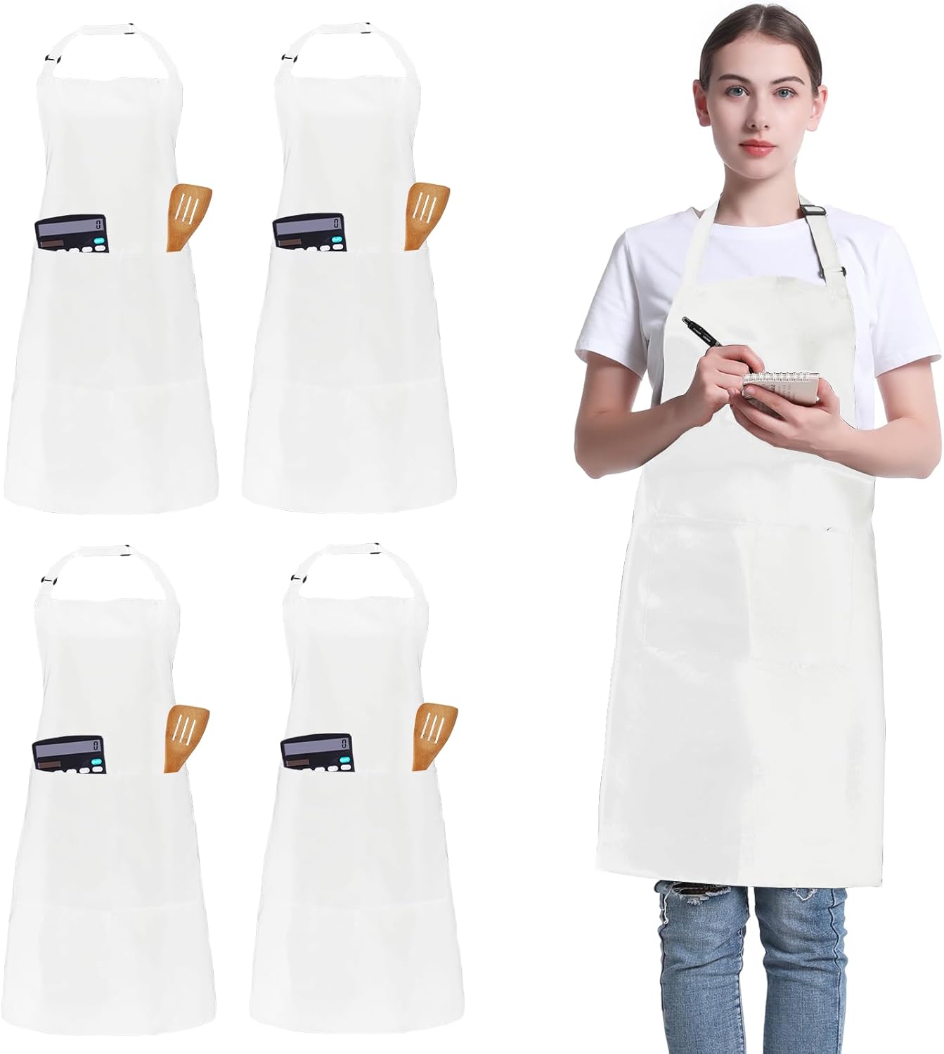 4 Pack Chef Apron, Adjustable Apron with 2 Pockets, Unisex Personalised Apron for Cooking, Kitchen, Restaurant