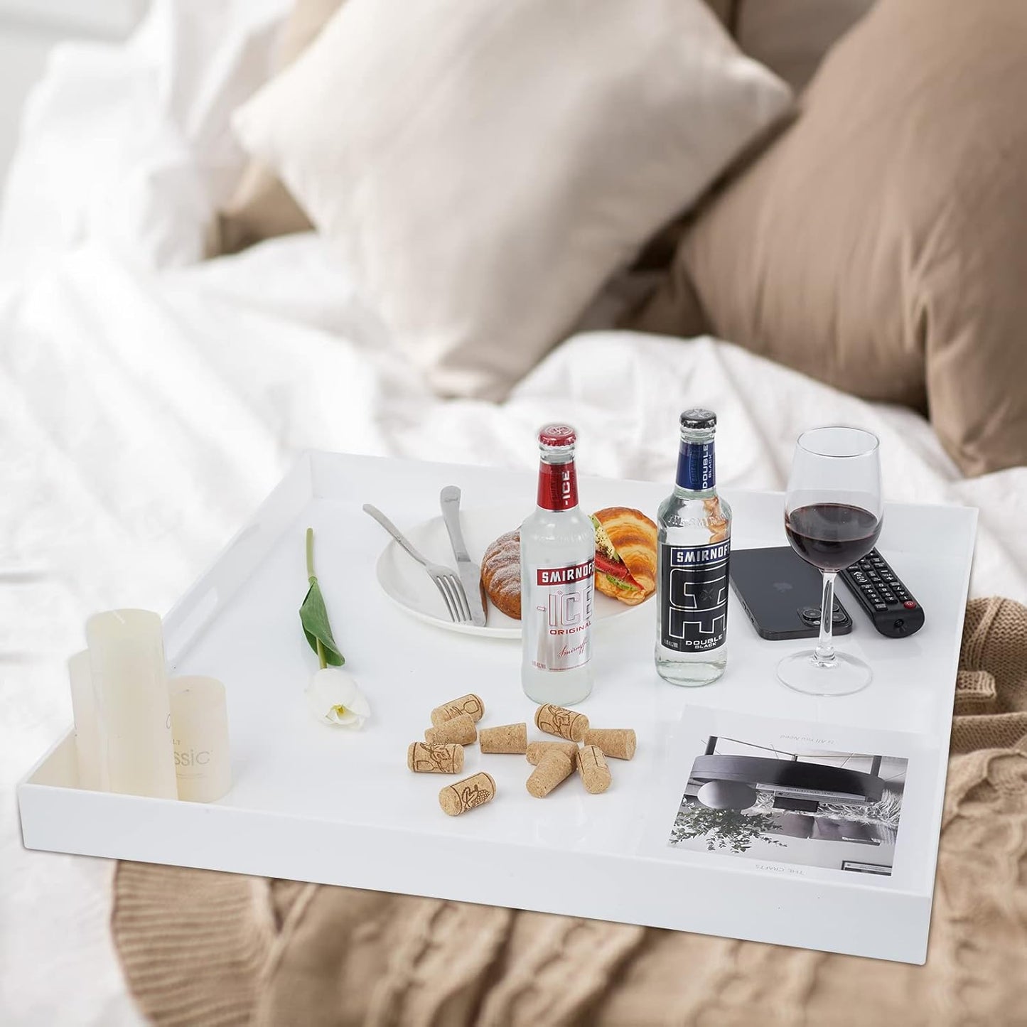 22×22 Inches Oversize Extra Large Sturdy Glossy White Acrylic Serving Tray King Size Decorative Big Ottoman Trays with Cut Out Handles Water Proof Bed Tray Coffee Counter Top Organizer