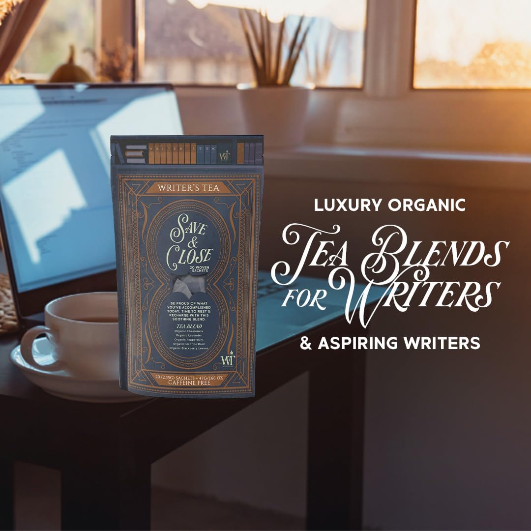 Writer's Tea Save & Close - Nighttime Tea - Chamomile, Lavender, Peppermint, Licorice Root, and Blackberry Leaves Tea Blend - Caffeine Free - 20 Woven Sachets