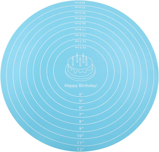 Hitefu 12 Inch Round Silicone Cake Mat, Silicone Baking Mat with Measurement for Cake Turntable & Rolling Dough (Blue)