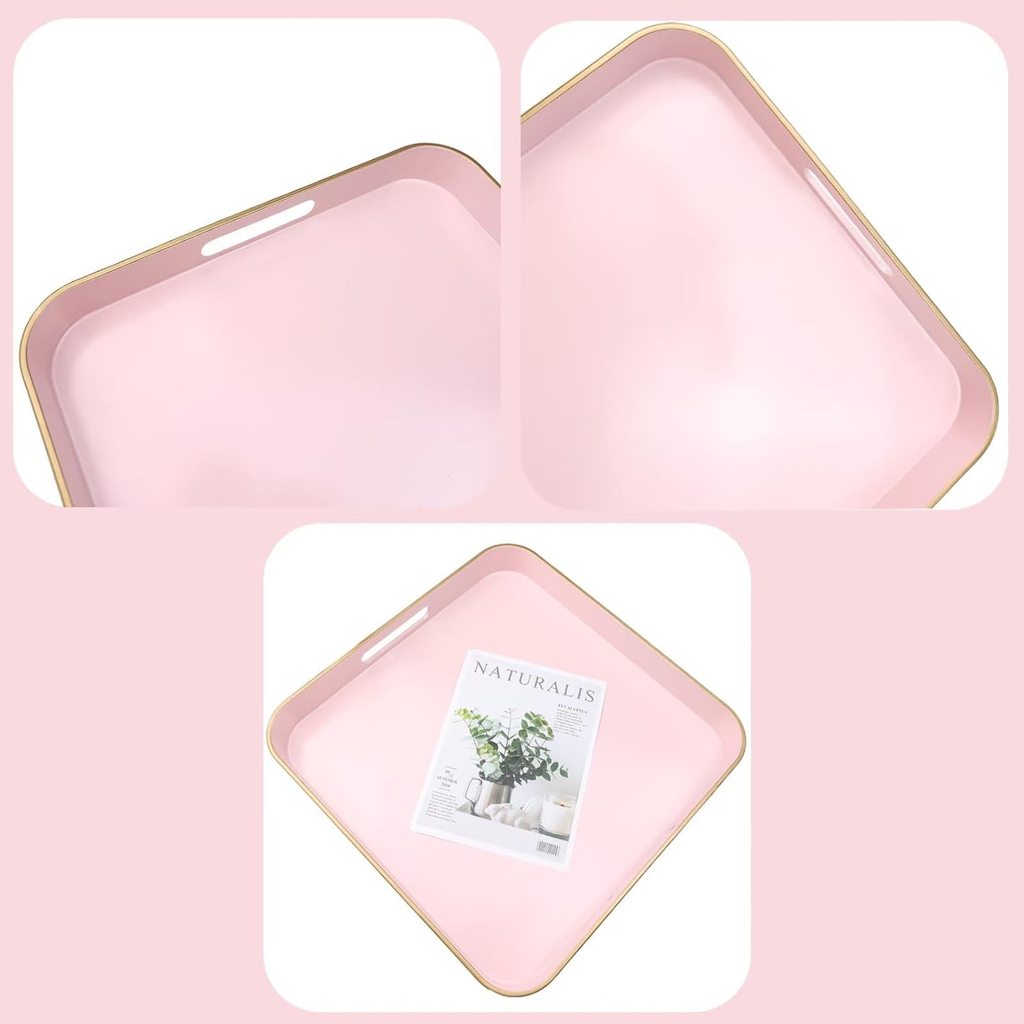 Pink Square Decorative Tray with Handles, 13"*13" Versatile Serving Tray for Coffee Table, Ottoman, Ideal for Serving, Displaying, Organizing