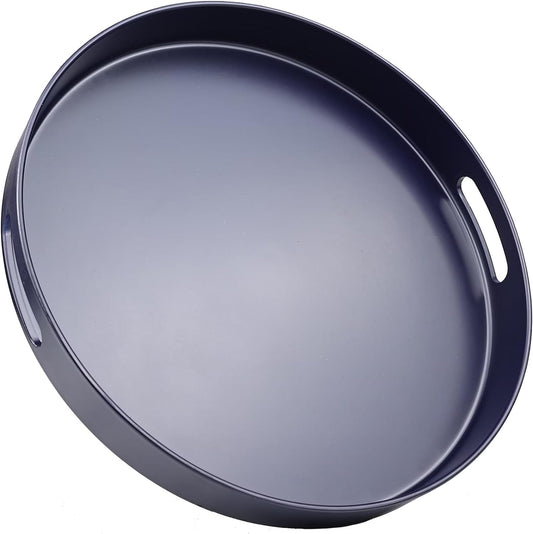Navy Blue Decorative Serving Tray with Handles, 13” Versatile Ottoman Tray for Coffee Table, Entertaining, Outdoor Patio, Living Room