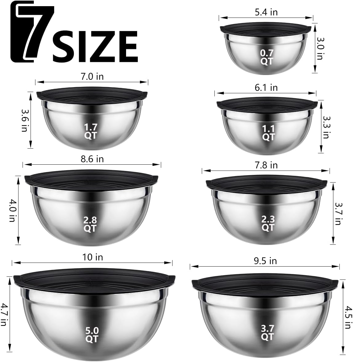 Mixing Bowls with Lids set - 25 PCS Stainless Steel Nesting Black Mixing Bowls Set for Baking, Mixing, Serving & Prepping, Size 5, 3.7, 2.8, 2.3, 1.7, 1.1, 0.7QT, 11 Cooking Utensils