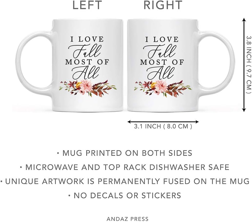 Andaz Press Fall Burgundy Marsala 11oz. Ceramic Coffee Tea Mug, I Love Fall Most Of All, 1-Pack, Floral Leaves Graphic, Friend, Family, Coworker, Autumn Season, Thanksgiving Ideas