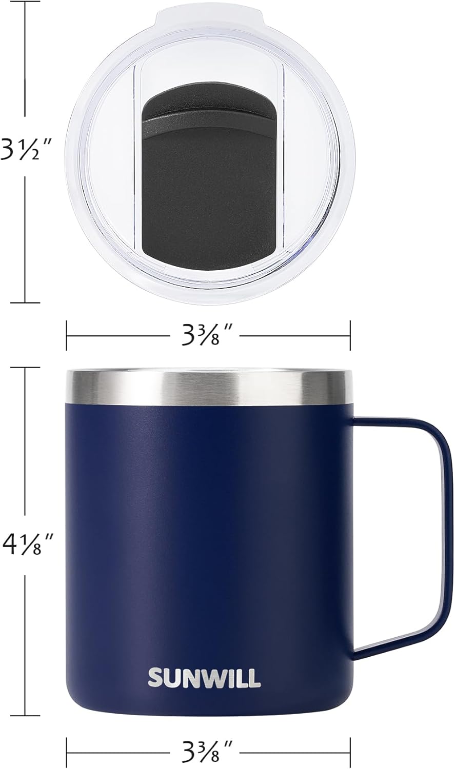 SUNWILL Insulated Coffee Mug with Lid, Travel Tumbler with Handle, 14oz Stainless Steel Cup for Camping, Office, Home, Powder Coated Navy Blue