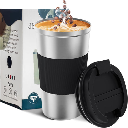 YINBAOGE Insulated Travel Coffee Mug Spill Proof Leak Proof Pobtable To Go Camping Stainless Steel Coffee Tumbler Reusable Coffee Cups with Lids Thermos for Hot and Cold Drink (Silver black, 17 OZ)