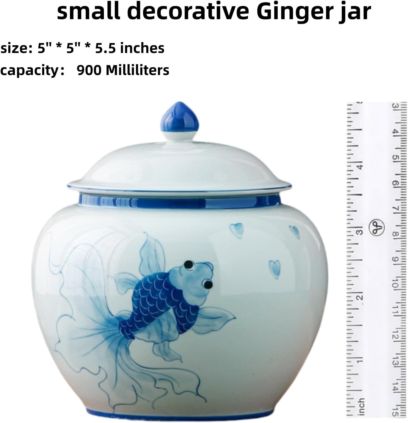 5 inches Ginger jar Lid - blue fish decorative Ceramic Ginger jar vase with Lid， chinoiserie gift koi decor small jars for Home decor/jewelry/Tea/coffee beans/Storage