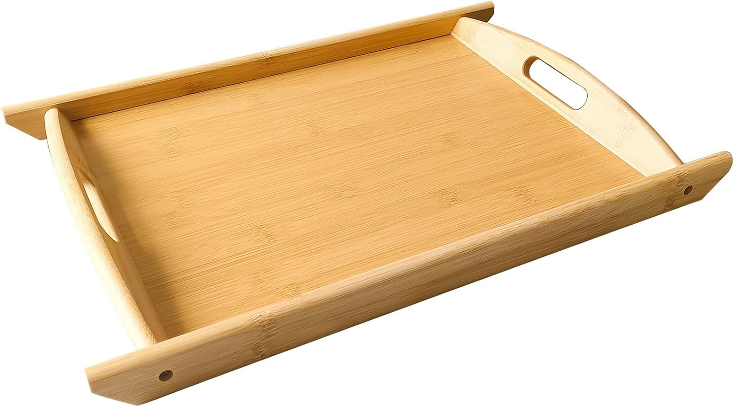 Bamboo Serving Tray Rectangle Platter Breakfast Dinner Food Bed Tray for Eating Kitchen Restaurants (1, 17.3" x 11.8" x 1.2" (with Handle))