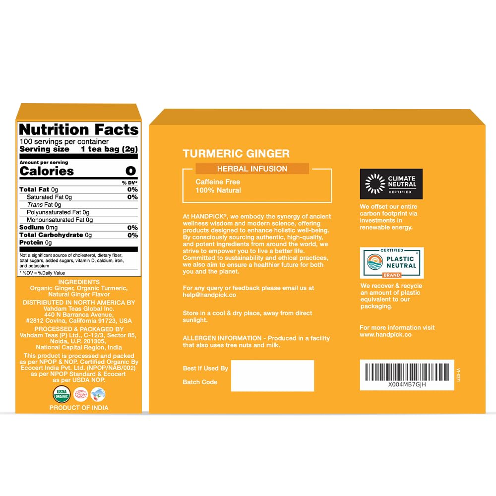HANDPICK, Organic Turmeric Ginger Tea, 100 Eco-Conscious Tea Bags | Caffeine Free, Gluten Free, Non-GMO | 100% Pure Herbal Blend - Savory & Spicy