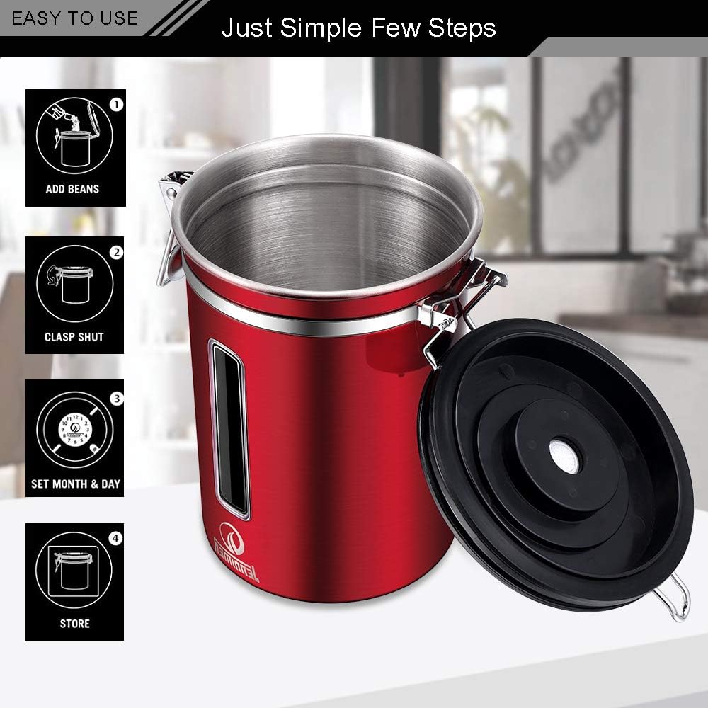 Coffee Canister - Large, Stainless Steel Airtight Coffee Containers with Transparent Window,Date Tracker, CO2-Release Valve and Measuring Scoop for Freshness of Storage Coffee (Red)