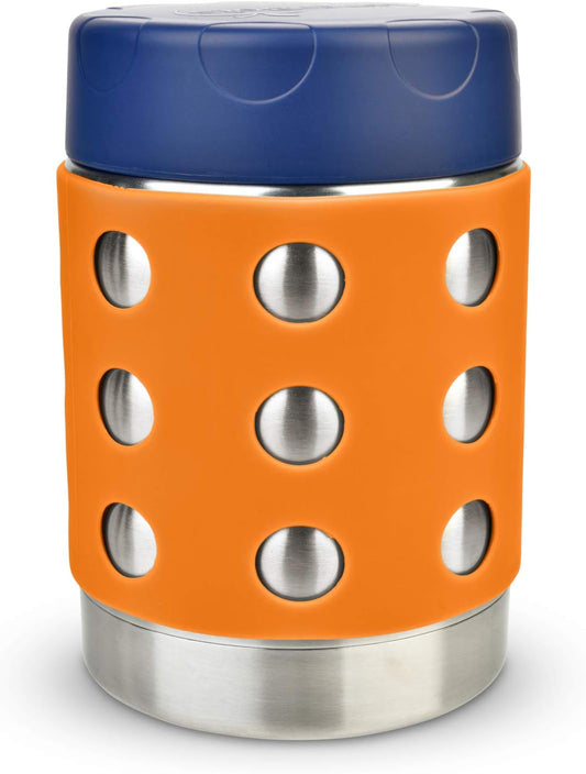 LunchBots Thermal 12 oz Triple Insulated Thermos - Hot 6 Hours or Cold 12 Hours - Leak Proof Thermos Soup Jar - All Stainless Interior - Navy Lid - Orange Dots