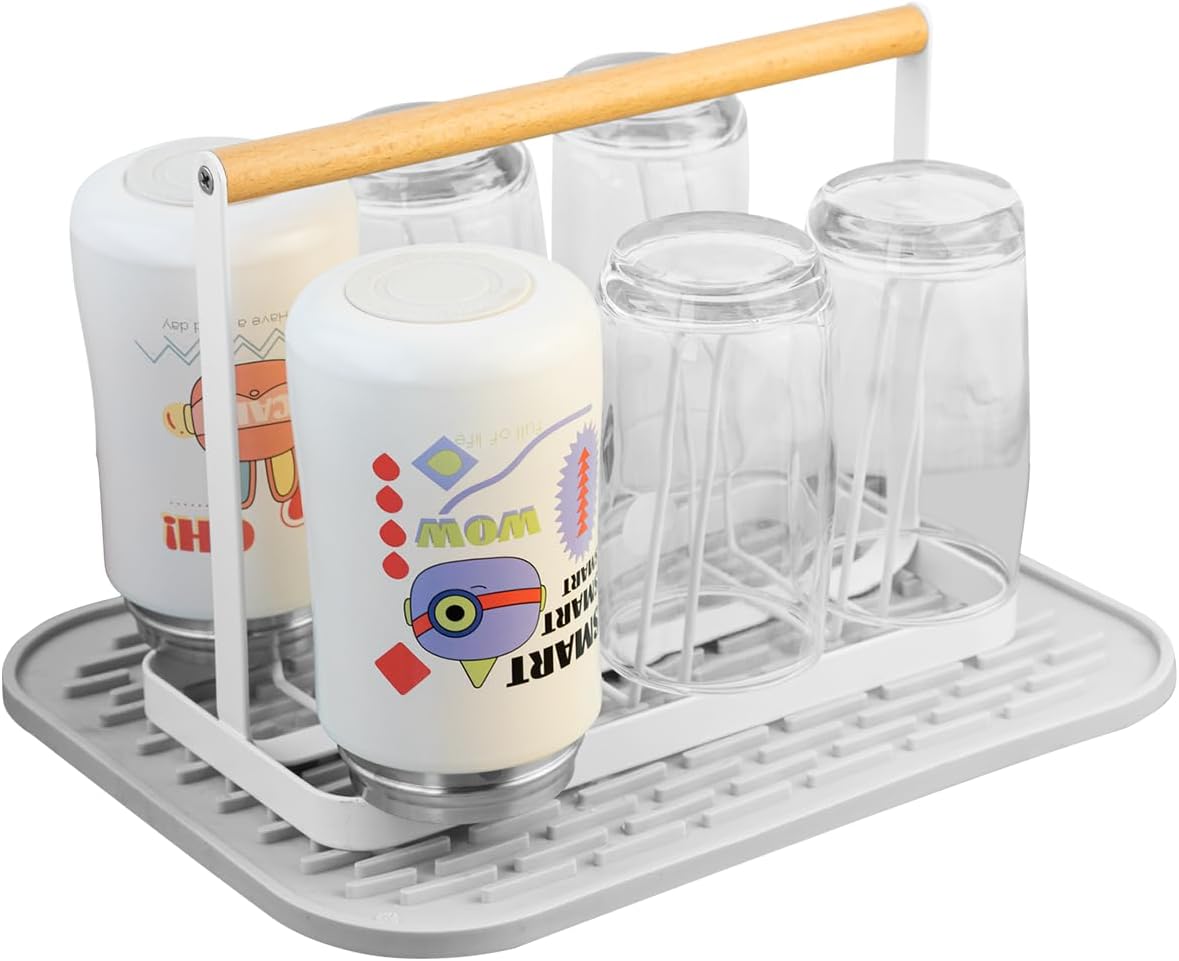 Cup Drying Rack Stand, 6 Cup Metal Drainer Holder Rack Non-Slip Mugs Cups Organizer with Wood Handle, White