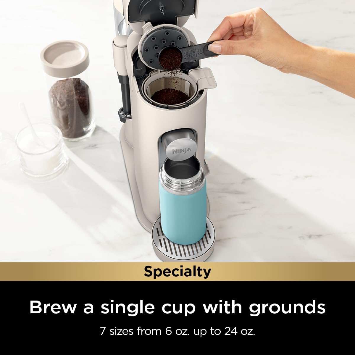 Ninja Pod & Grounds Specialty XL Single-Serve Coffee Maker, K-Cup Pod Compatible, Brews Grounds, Compact Design, Built-In Milk Frother, 68-oz. Reservoir, 6-oz. Cup to 24-oz. Mug Sizes, Stone, PB055AST