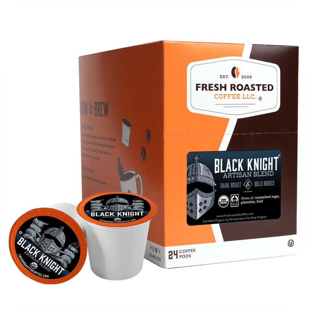 Fresh Roasted Coffee, Organic Black Knight | USDA Organic, Kosher | Dark Roast 24 Pods for K Cup Brewers