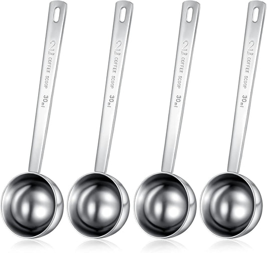 Geiserailie 4 Pieces 2 Tablespoon Scoops with Long Handle, 30 ml Stainless Steel Measuring Spoon for Coffee Milk Fruit Powder, Loose Tea Dry, Spice Jar, Cooking Baking, and Other Dry Goods