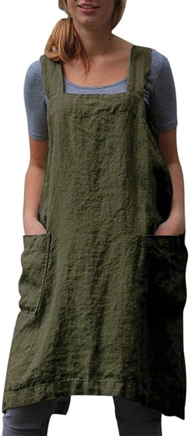 YESDOOD Cotton Linen Apron Cross Back Apron for Womens with Pockets Pinafore Dress for Baking Cooking