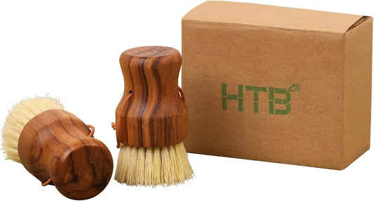 Teak Dish Scrub Brush 2PCS by HTB, Good Grip Small Wooden Dish Brush with Teak Handle & Sisal Bristles for Kitchen, Wood Cleaning Scrubbers Set for Washing Pan/Pot/Vegetable/Fruit