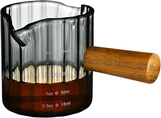 Glass Measuring Cup, 3oz Espresso Shot Glass with Wood Handle, Double Spouts Measuring Cups Pitcher Milk Cup Coffee Shot Glasses (Gray Ribbed)