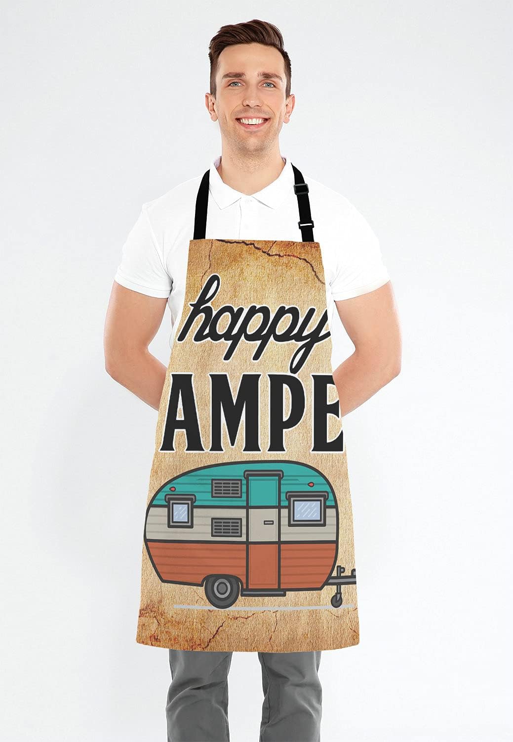 Happy Camper Apron for Women and Men, Adjustable Kitchen Chef Apron for Cooking Baking - Cute Birthday, Anniversary, Mother's Day Apron Presents for Mom Wife Girlfriend Aunt Grandma