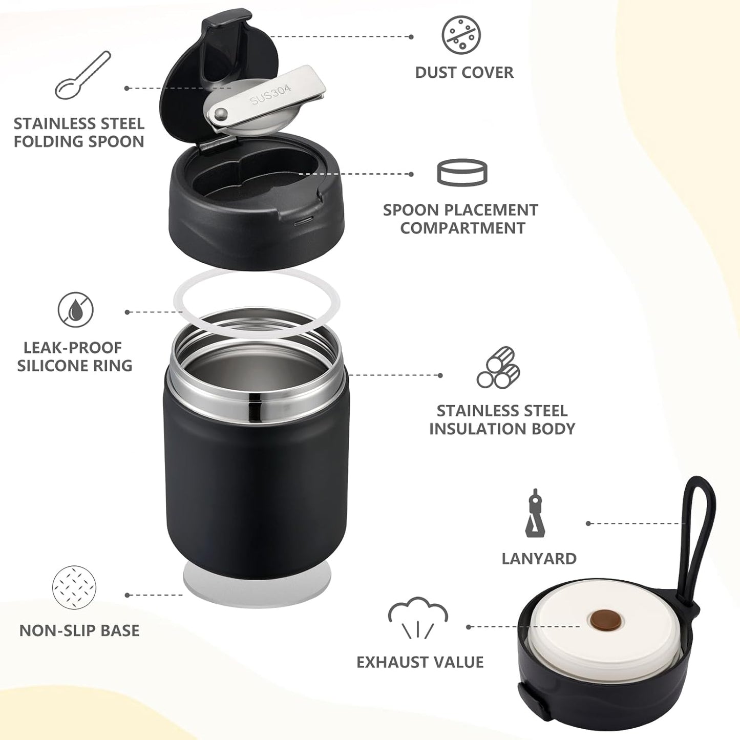 17oz Soup Thermo for Hot Food Kids Insulated Vacuum Food Jar with Stainless Steel Spoon Wide Mouth Thermo Leakproof Lunch Food Container Kids Hot Lunch Box (Black)