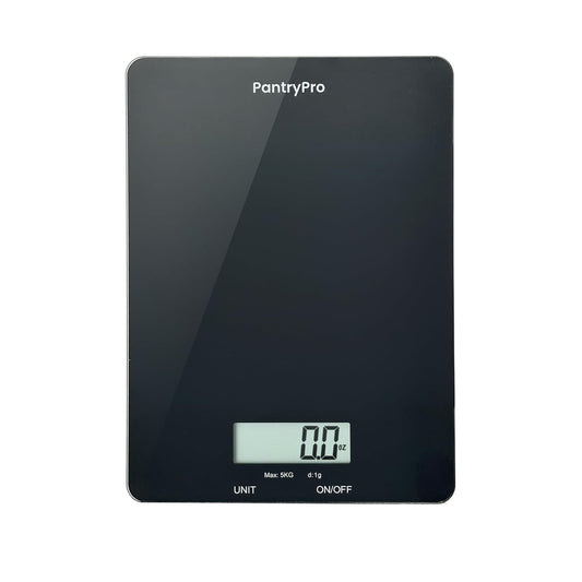 PantryPro Glass Platform Digital Kitchen Scale - 11lbs / 5kg Capacity - LCD Display g kg oz lb fl.oz ml - CR2032 Battery Included - Black