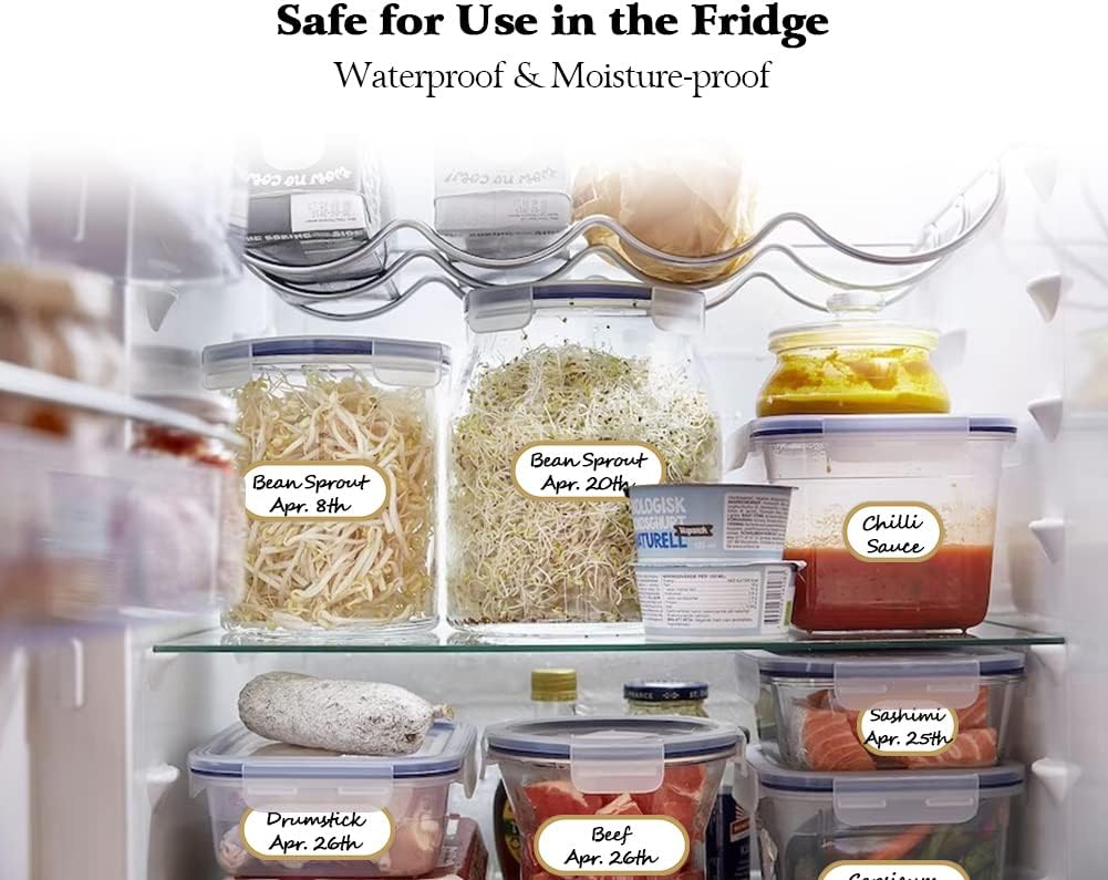 192pcs Removable Bottle Labels Waterproof Self-Adhesive Kitchen Home Edit Food Label Stickers with Gold Border for Food Containers Mason Jars Storage Bins Daycare Organization,with Marker Pen